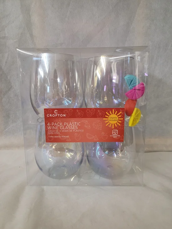 Crofton 4-Pack Iridescent Plastic Wine Glasses with Colorful Charms - Picture 1 of 5